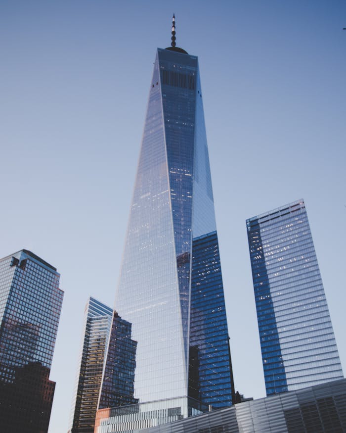 View of the One World Trade Center and surrounding skyscrapers at dusk in New York City.